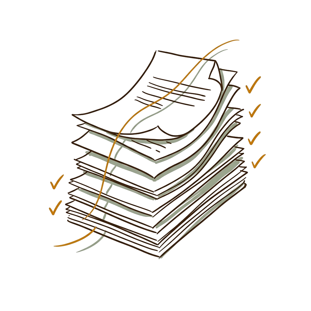 Hand-drawn documents being assembled with check marks