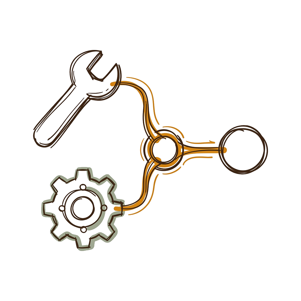 Hand-drawn tools connecting through flowing lines to a central hub