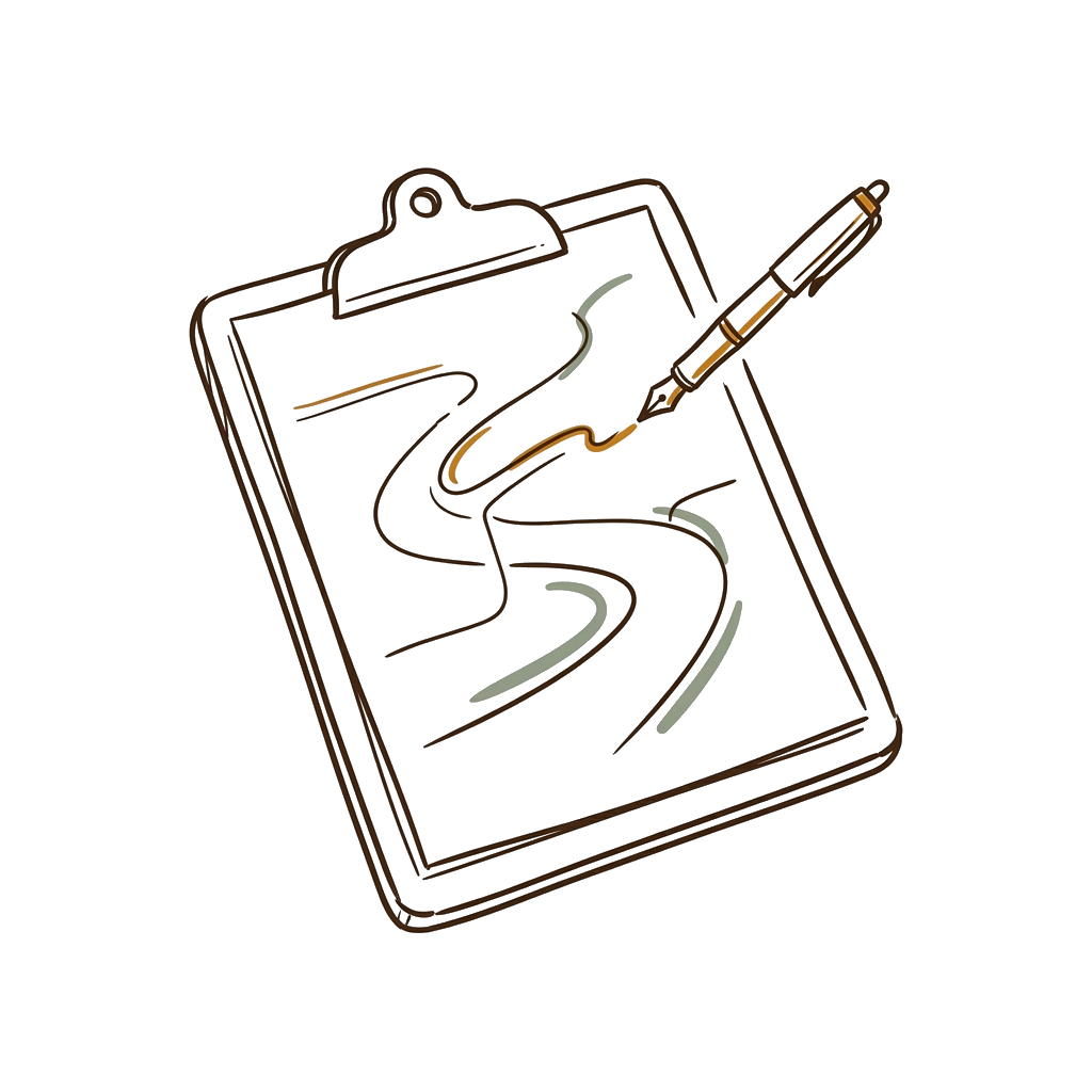 Hand-drawn clipboard with a pathway being sketched