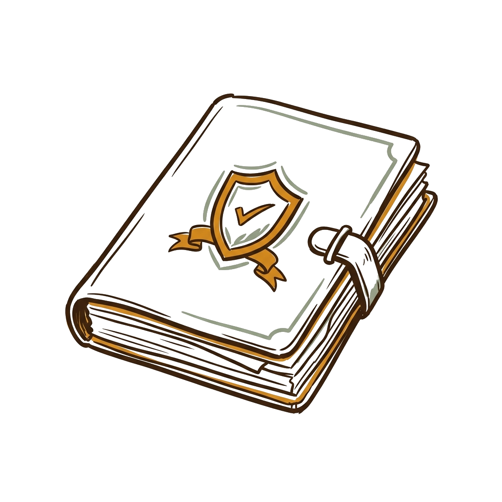 Hand-drawn document package with an approval shield